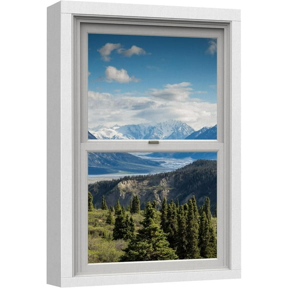 Aaheei Canvas Print Wall Art Window View Blue Cloud Sky Mountain Range Forest Meadow Nature Wilderness Photography Digital Art Realism Decorative Rustic Landscape Colorful for Bedroom