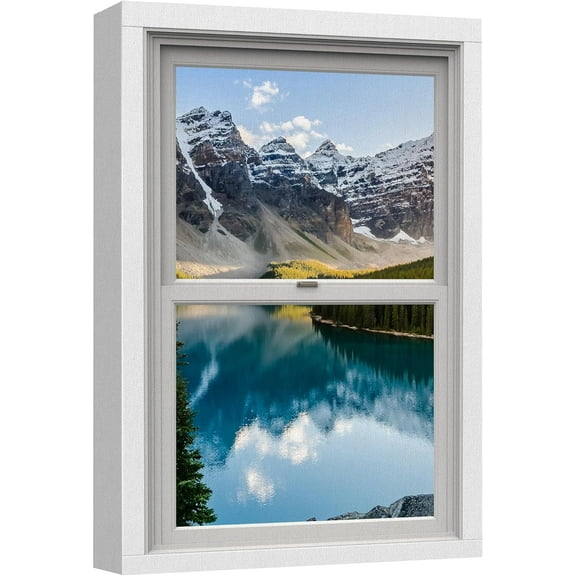 Aaheei Canvas Print Wall Art Window View Snowy Mountain Range Cloudy Sky Lake Reflection Nature Wilderness Photography Digital Art Realism Decorative Rustic Landscape Colorful for Bedroom
