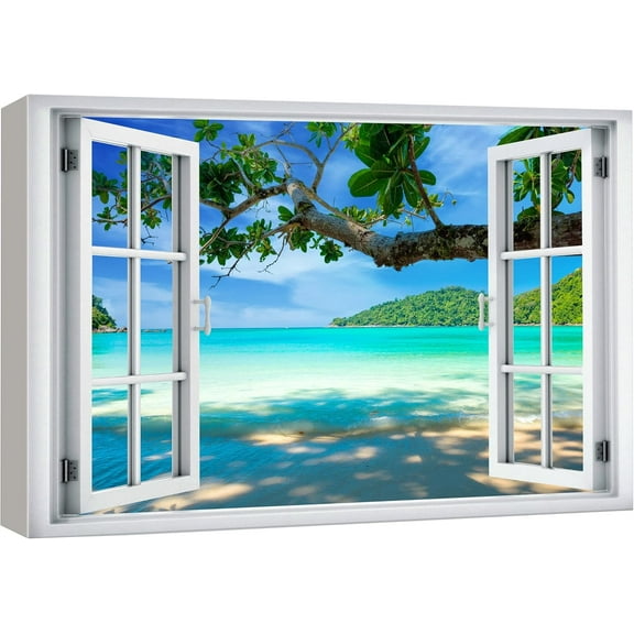Aaheei Canvas Print Wall Art Window View Tropical Island Beach Paradise Vacation Wilderness Nature Realism Scenic Landscape Colorful Multicolor for Living Room, Bedroom, Office