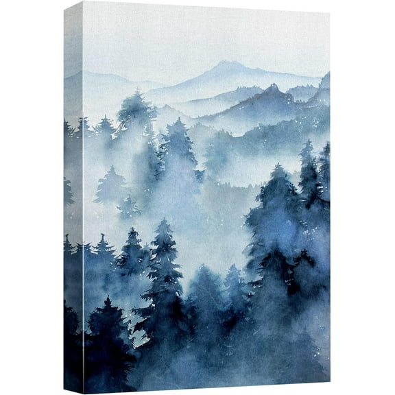 Aaheei Canvas Print Wall Art Woodland Nursery Decor Blue Winter Mist Pastel Mountain Forest Nature Illustrations Modern Art Decorative Landscape Colorful for Living Room, Bedroom, Office