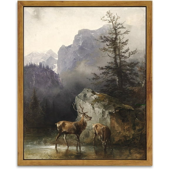 Aaheei Canvas Wall Art, Vintage Wall Decor Rustic Deer Painting Cabin Decor, Vintage Landscape Mountain North Prints for Bedroom, Farmhouse Country Wall Decor for Living Room, Office