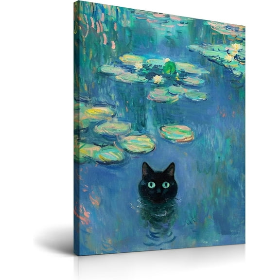 Aaheei Cat Head Wall Art,Claude Monet Waterlily Cute Cat Canvas Poster Art,Funny Animal Painting Print Wall Decor for Home Living Room Kid Bedroom Bathroom