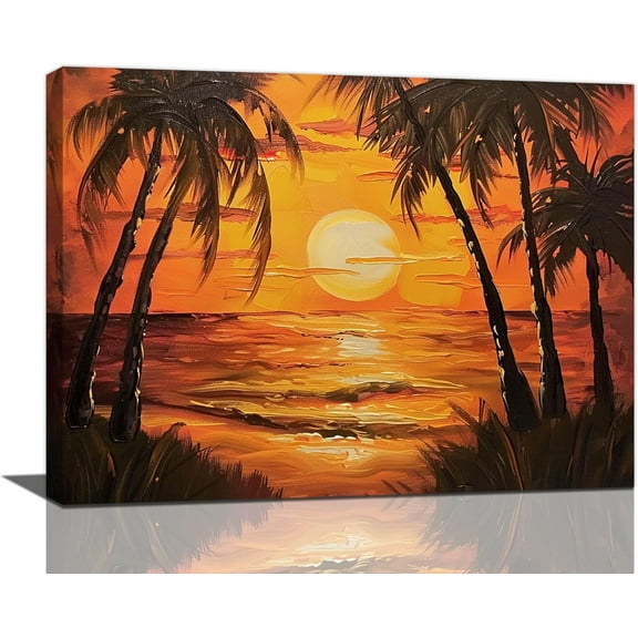 Aaheei Coastal Palm Tree Wall Art Tropical Beach Sunset Pictures Wall Decor Ocean Seascape Canvas Painting Print Home Modern Artwork Decorations for Bathroom Living Room Bedroom Office