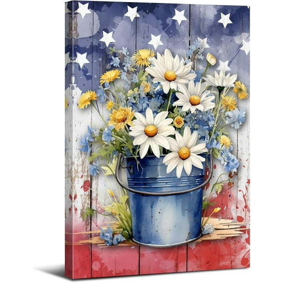 Aaheei Country Daisy Wall Art Retro White Yellow Flower Blue Vase Canvas Print American Flag Bathroom Wall Decor Texture Picture Modern Artwork for Living Room Bedroom Home Office Decoration 20x24