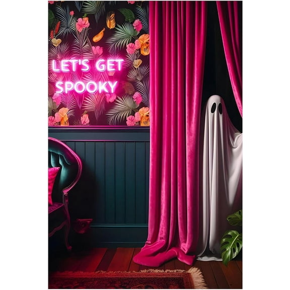 Aaheei Cute Ghost Posters Let's Get Spooky Pink Neon Sign Print Gothic Feature Wall Art Decor Maximalist Gallery Wall Ideas Humor Halloween Decorations for Party Office Home Decor
