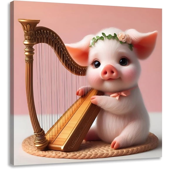 Aaheei Cute Pig with Harp Wall Art Canvas Print, Pink and Gold Musical Theme Decor