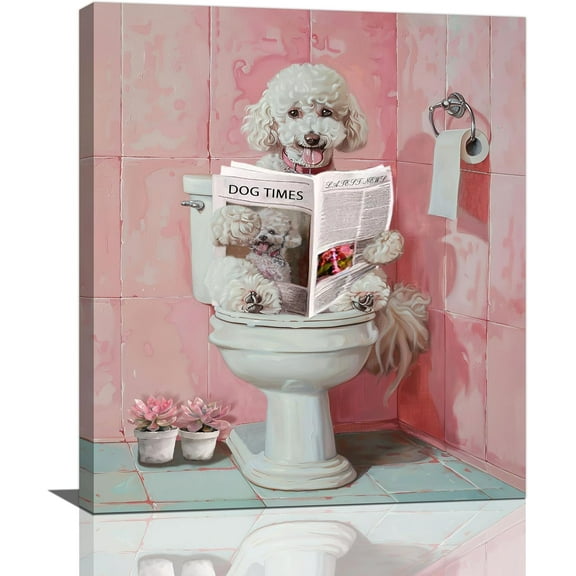 Aaheei Dog Bathroom Wall Art Cute Poodle On The Toilet Reading Newspaper Bathroom Pictures For Wall Pink Bathroom Decor Bathroom Sign Canvas Print Painting Modern Artwork for Restroom