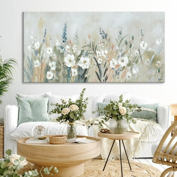 Aaheei Eclectic Flower Canvas: Vintage Farmhouse & Rustic Home Decor - Maximalist Floral Wall Art, Green and White
