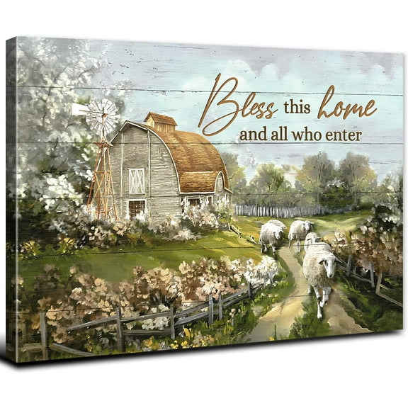 Aaheei Family Wall Art Rustic Bless This Home Wall Decor Farmhouse Canvas Prints Painting Sheep Barn Pictures Country Poster Inspirational Quotes Artwork for Kitchen Living Room Home Decoration