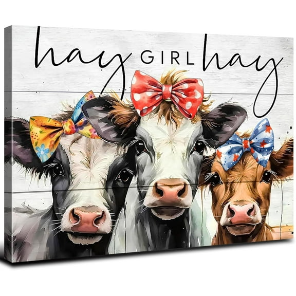 Aaheei Farmhouse Animal Wall Art Cow Decor Hay Girl Hay Sign Canvas Prints Pictures Rustic Funny Cow Painting Country Animal Portrait Poster Artwork for Bedroom Bathroom Home Decoration