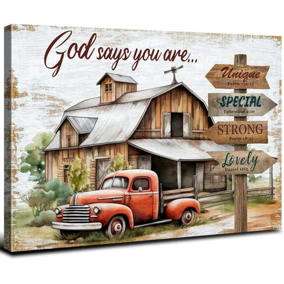 Aaheei Farmhouse Christian Wall Decor God Says You Are Wall Art for Office Bedroom Positive Saying Picture Canvas Prints Vintage Farm Barn Old Truck Painting Kitchen Dinner Home Decoration