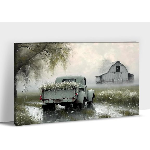 Aaheei Farmhouse Old Truck Canvas Wall Art, Old Barn Pictures Wall Art, Country Antique Pickup Truck Canvas Prints, Green Truck With White Floral Flower Art Prints for Farmhouse Spring Decor
