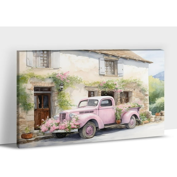 Aaheei Farmhouse Truck Wall Art, Farmhouse Canvas Wall Art, Farm Street Picture Wall Art, Country Antique Pickup Truck Canvas Prints, Pink Truck Floral Canvas Wall Decor for Living Room
