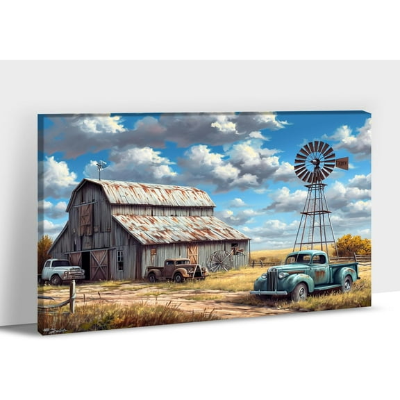 Aaheei Farmhouse Truck Wall Art, Old Truck Canvas Prints, Barn Picture Wall Art for Rustic Home Decor, Rustic Landscape Canvas Painting, Sunny Posters Artwork for Country Wall Decor