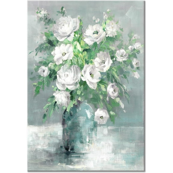 Aaheei Floral Canvas Wall Art Painting White Rose Flower With Green Leaves Hand-Painted Texture Picture Artwork For Bedroom Bathroom Walls High Definition Printing Waterproof Fade Resistant 8x10