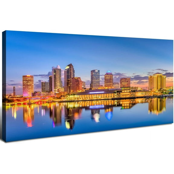 Aaheei Florida Wall Art Tampa Downtown Skyline Canvas Picture USA City Landscape Wall Decor, Modern Cityscape Painting Night River Prints Poster Artwork for Living Room Bedroom Home Decoration