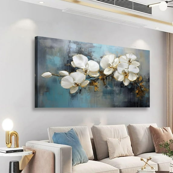 Aaheei Flower Canvas Wall Art Bedroom Wall Decor Living Room,Orchid Wall Art Office Kitchen Oil Paintings Artwork Modern Blue Grey Abstract Pictures Art Prints Waterproof Ready to Hang