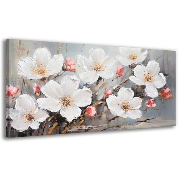 Aaheei Flower Canvas Wall Art Elegant White Gold Flower Canvas Painting With Modern Abstract Canvas Painting Blooming Floral Picture Artwork for Living Room Bedroom Bathroom Home Office Wall Décor