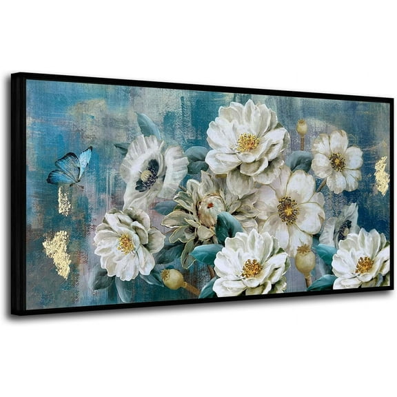 Aaheei Flower Canvas Wall Art White Elegant Modern Picture Gold Foil Colorful Painting Turquoise Floral Teal Artwork for Living Room Bedroom Bathroom Home Office Decor