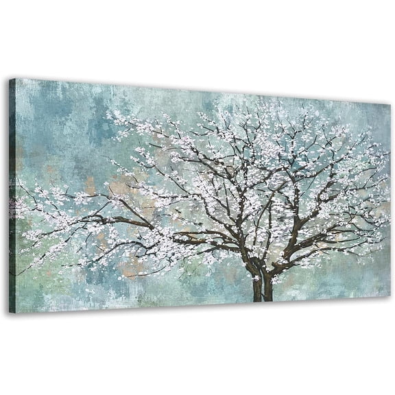 Aaheei Flowers Tree Wall Art Plum Blossom Canvas Pictures Elegant Floral Painting White Flower Grey Teal Abstract Printing Artwork Living Room Bedroom Home Office Wall Decor 12x12