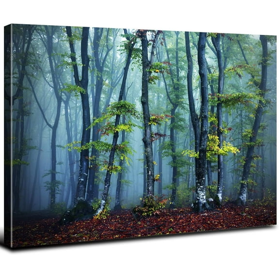 Aaheei Forest Wall Art Nature Landscape Pictures for Living Room, Modern Green Forest Scenery Canvas Paintings Contemporary Blue Foggy Woods Prints Photography Artwork Bedroom Office Home Decorations