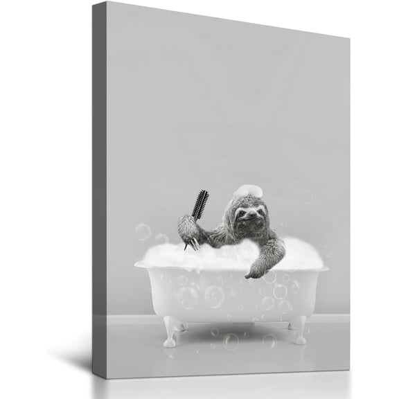 Aaheei Funny Animals Bathroom Wall Art - Black and White Canvas Wall Decor Cute Sloth Take Bath in Tub Prints Pictures Posters for Children's room Bedroom Walls Decorations Artwork