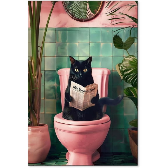 Aaheei Funny Animals Sitting on Toilet Reading Newspaper Canvas Posters Trendy Pink Black Cat Wall Art Bathroom Funny Wall Decor Cute Cat Painting Artwork Prints