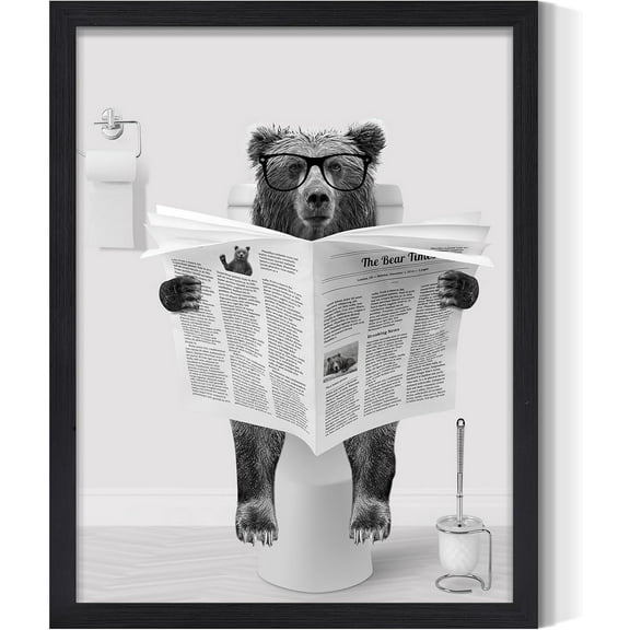 Aaheei Funny Bathroom Wall Art Bear Sitting in Toilet Reading Newspaper Canvas Print Pictures Modern Animals Wall Decor Black Artwork Home Walls Decoration
