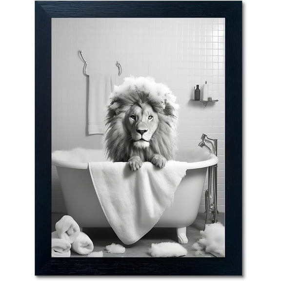 Aaheei Funny Bathroom Wall Art Decor, Bathtub Canvas Lion Wall Art Prints, Farmhouse Decor, Humor Animals Modern Black Canvas Painting Picture Artwork Ready to Hang