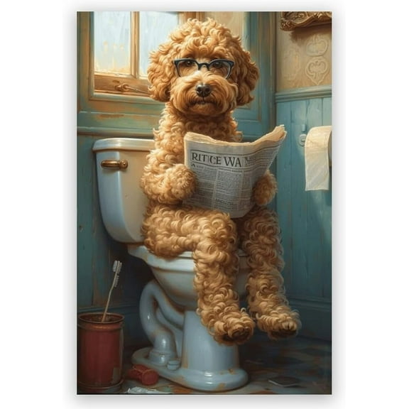 Aaheei Funny Bathroom Wall Art Goldendoodle on toilet Reading newspaper Humor Animal Poster Picture Canvas Print For Dog Lovers Restroom ideas Decor