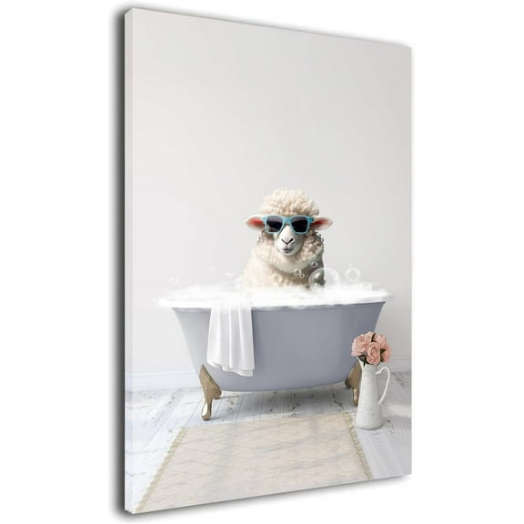 Aaheei Funny Bathroom Wall Decor Happy Sheep In A Bathtub Cute Animal Canvas Poster Prints For Kids Bathroom Farmhouse