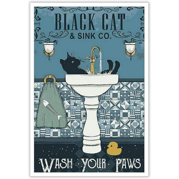 Aaheei Funny Cat Bathroom Canvas Wall Art Black Cat Wash Your Paws Posters Vintage Bathtub Cat Prints Painting Cute Animal Artwork Wall Decor For Bathroom Restroom Toilet Farmhouse