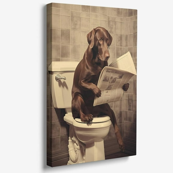 Aaheei Funny Dog Art, Black Dog Bathroom Print, Sitting in Toilet Reading Newspaper, Canvas Artwork for Bathroom Decor