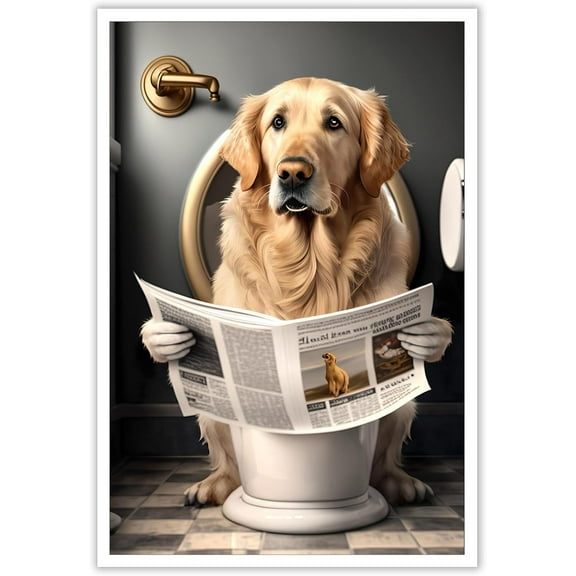 Aaheei Funny Golden Retriever Bathroom Canvas Wall Art Cute dog In Toilet Posters Black and White Animal Prints Painting Maximalist Mid Century Modern Aesthetic Wall Decor