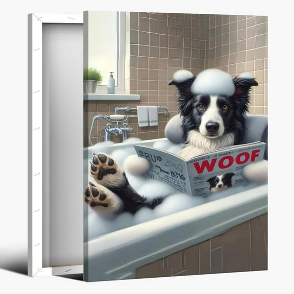 Aaheei Funny Pet Portrait Bathroom Wall Art Decor Whimsical Border Collie Bathroom Art Funny Dog in Bathtub Prints Posters Lover Mom Gifts Animal Bathroom Pictures Wall Decor