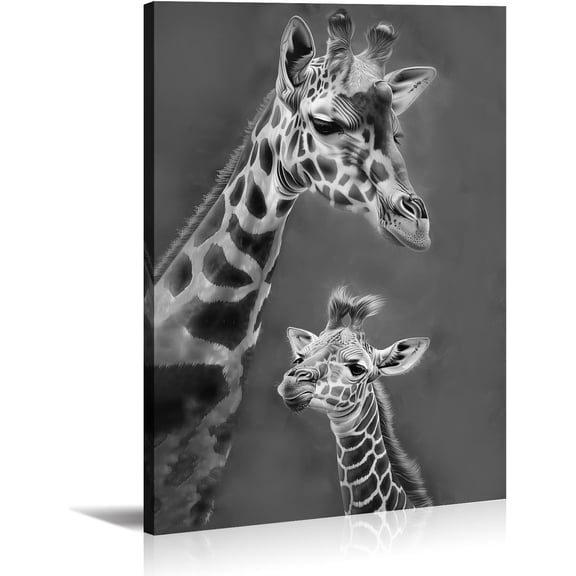 Aaheei Giraffe Canvas Art Living Room Nursery Wall Decor Giraffe with Cub Picture Black and White Poster Wild Animal Painting Prints Bedroom Ready to Hang