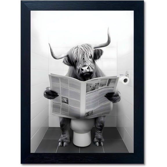 Aaheei High intensity Wall Art - Black and White Highland Cow Steering stylish bathroom Canvas Art, Ready to Hang