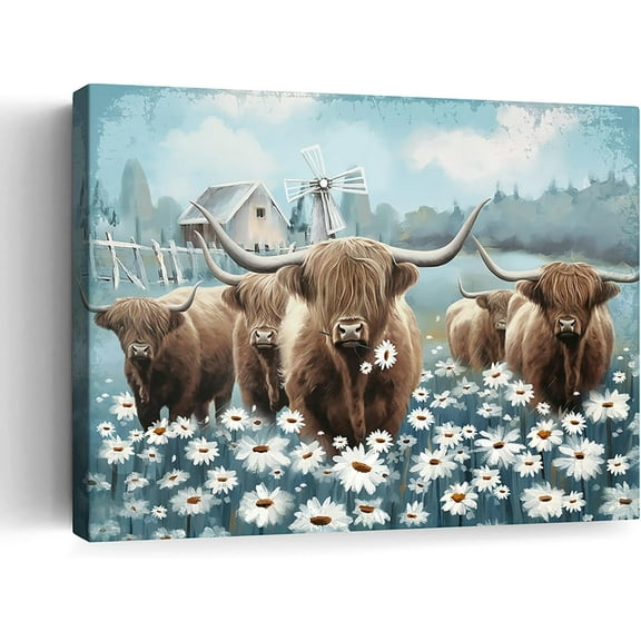 Aaheei Highland Cow Bathroom Wall Art Rustic Farmhouse Wall Decor Cute Cattle in the White Daisy Flower Picture Canvas Print Countryside Animal Painting for Living Room Bedroom Office Decor