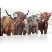 Aaheei Highland Cow Canvas Wall Art: Cow Floral Picture Farmhouse Kitchen Decor Funny Animal Long Haired Scottish Cow Paintings Rustic Country Wall Decor for Living Room Bedroom