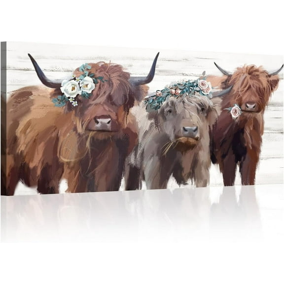 Aaheei Highland Cow Canvas Wall Art: Cow Floral Picture Farmhouse Kitchen Decor Funny Animal Long Haired Scottish Cow Paintings Rustic Country Wall Decor for Living Room Bedroom