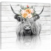 Aaheei Highland Cow Canvas Wall Art,Cute Pictures Prints Art Flowers and Animal Posters Decor Vintage Grain Background Painting for Living Room Home Office
