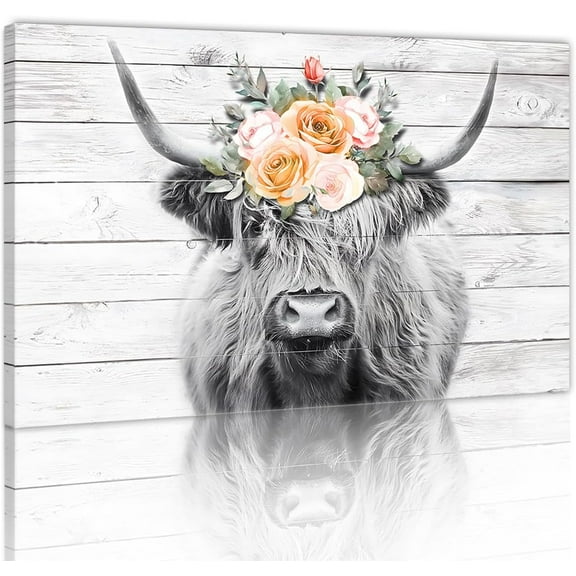 Aaheei Highland Cow Canvas Wall Art,Cute Pictures Prints Art Flowers and Animal Posters Decor Vintage Grain Background Painting for Living Room Home Office