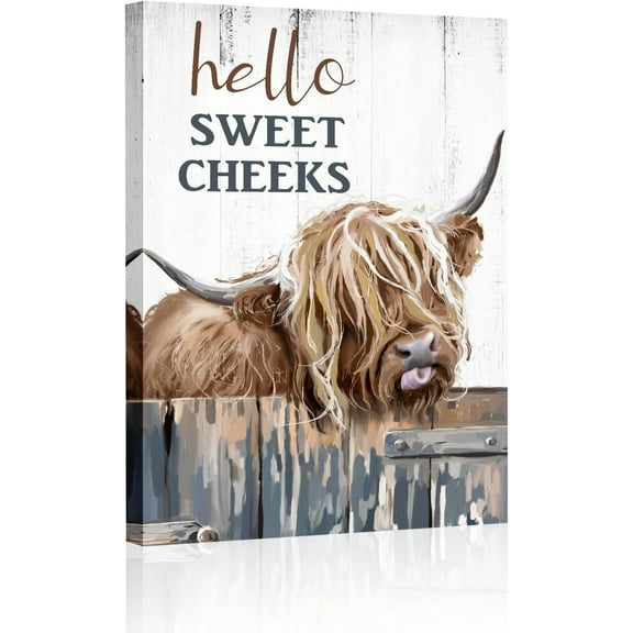 Aaheei Highland Cow Pictures Wall Decor:Hello Sweet Cheeks Bathroom Decor Cow Paintings Canvas Prints Poster Rustic Farmhouse Highland Cow Wall Art Country Living Room Bedroom Home Decor