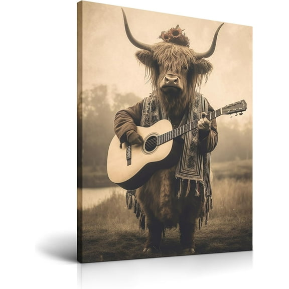 Aaheei Highland Cow Playing Guitar Wall Art, Funny Cow Humour Poster,Vintage Animal Canvas Poster Printing Wall Decor,Waterproof Retro Home Decoration for Bedroom Kid Room,Set of 1