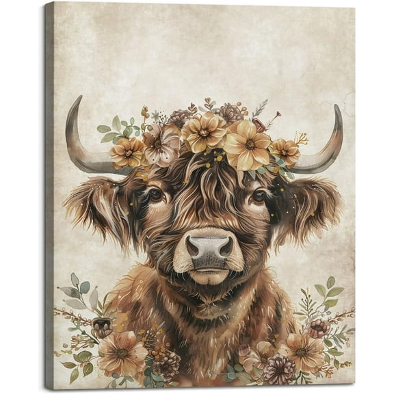 Aaheei Highland Cow Wall Art Rustic Long Haired Scottish Cow with Flowers Canvas Poster Print Cute Animal PictureBrown Cattle Painting for Farmhouse Nursery Office Home Decor