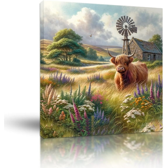 Aaheei Highland Cow Wall Art, Serene Pastoral Scene, Charming Highland Cow Canvas Print with Flower, Idyllic Farmhouse Decor for Cozy Interiors, for Easy Hanging
