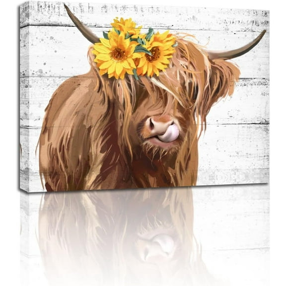 Aaheei Highland Farmhouse Cow with Sunflowers Wall Decor - Rustic Cute Brown Cattle Poster Print Art for Bedroom, Kitchen, living room, or hallway