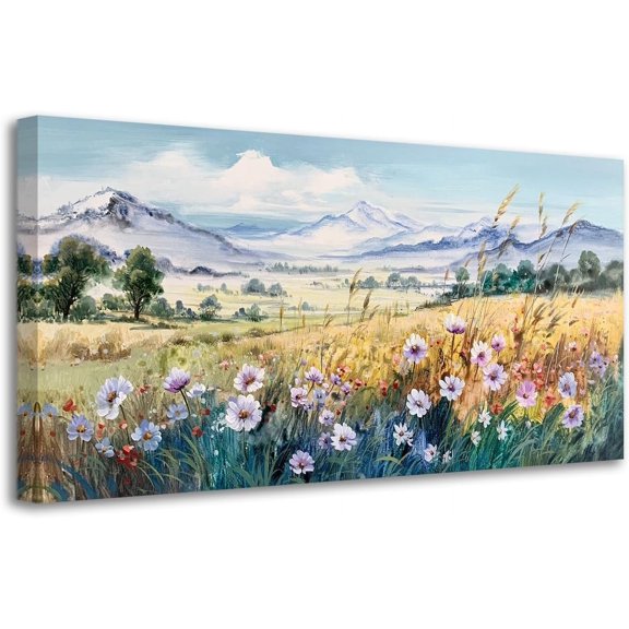 Aaheei Landscape Canvas Wall Art Nature Flower Mountain Painting,Rustic White Purple Wildflower Floral Picture Artwork for Living Room Bedroom Bathroom Office Home Decor 8x10