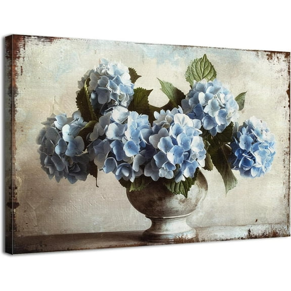 Aaheei Light Blue Hydrangea Canvas Wall Art Rustic Vintage Flower Picture for Living Room Country Blooming Floral Posters Still Life Painting Modern Artwork Bedroom Bathroom Family Home Decorations