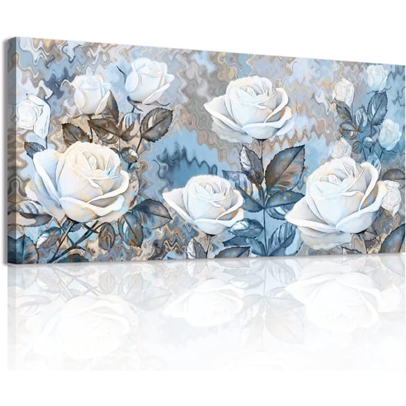 Aaheei Living Room Wall Art White Flower Pictures Blue Abstract Floral Painting for Bedroom Modern Canvas Print Home Decor with Ready to Hang 12x12